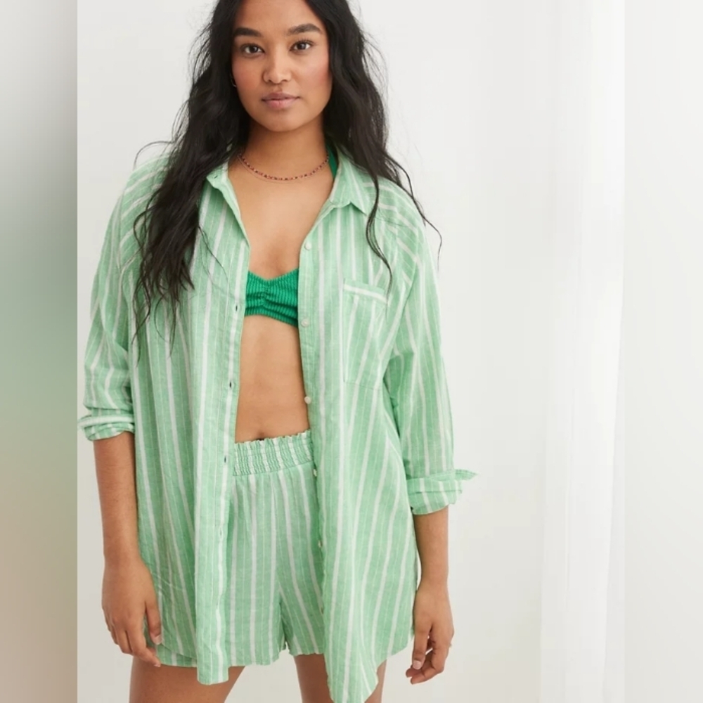 Aerie Linen Blend Coverup Shirt Celebrity Green Sz M